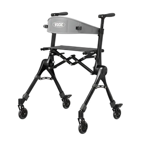 A sleek black four-wheeled folding mobility walker with ergonomic handles and a built-in seat for indoor and outdoor use.