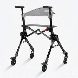Demonstration of the 6-way folding mechanism showing the rollator collapsed into a compact, travel-friendly size.