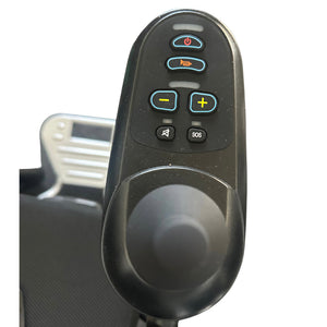 Close-up of a black MLS-8 joystick controller by Malisa Mobility, featuring power, horn, plus, minus, mute, and SOS buttons—designed for 24V battery-powered devices—shown against a white background.