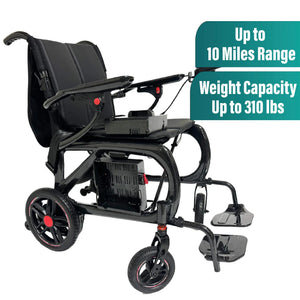 The Malisa Mobility MLS-20 Malisa Carbon Fiber Electric Wheelchair is ultra lightweight, foldable, and features armrests, footrests, a control panel. Black with red accents. Up to 10 miles range and supports up to 310 lbs.