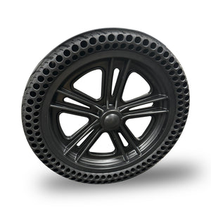 The MLS-8 Spare & Replacement Parts by Malisa Mobility features a black solid rubber tire with sidewall holes, mounted on a black spoked wheel, shown on a white background—perfect for 24V battery-powered vehicles.