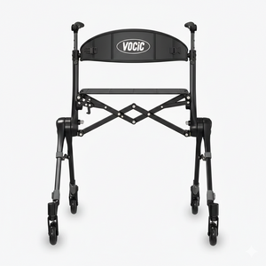 Detail of the height-adjustable handles and ergonomic grips that support an upright gait and natural walking posture