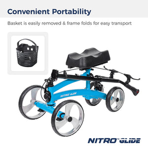Blue Nitro Glide scooter with basket and folded frame on a white background