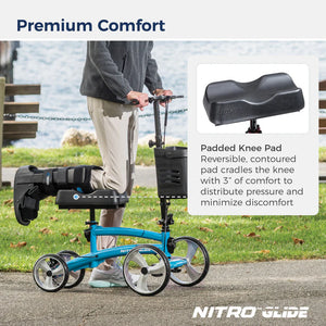 Person using a knee walker with a highlighted padded knee pad feature, set against a scenic background.