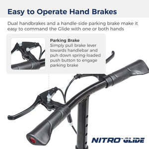 Hand brakes system with text explaining operation on a white background, featuring the Nitro Glide brand.