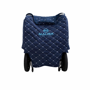 Blue quilted stroller cover with Malisa Modellry logo on a white background