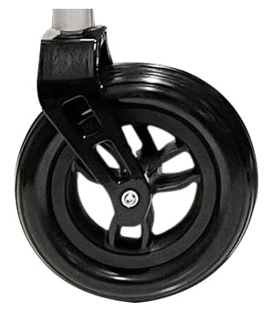 Close-up of a black, five-spoke caster wheel from Malisa Mobilitys MLS-8 Spare & Replacement Parts, attached to a metal frame—perfect for mobility equipment like 24V battery-powered wheelchairs or carts.