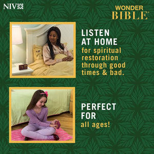 Elderly woman using the portable audio Bible player for daily inspiration and restoration.