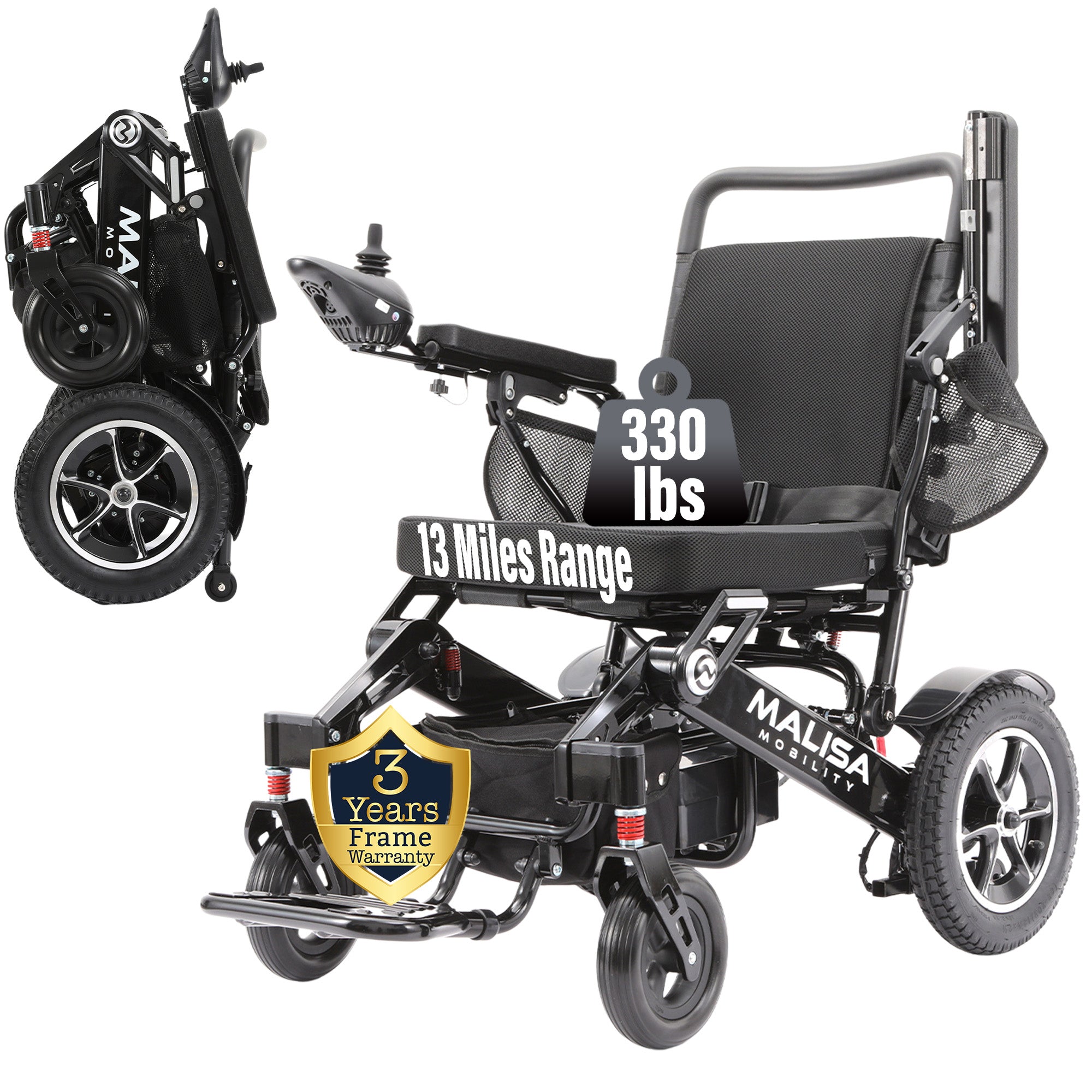 Five essential electric wheelchair replacement parts including high-capacity lithium battery and digital joystick controller.