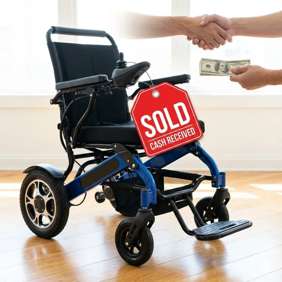 Foldable electric wheelchair with a red "SOLD - CASH RECEIVED" sticker, depicting a successful second-hand medical equipment sale with a handshake in the background.