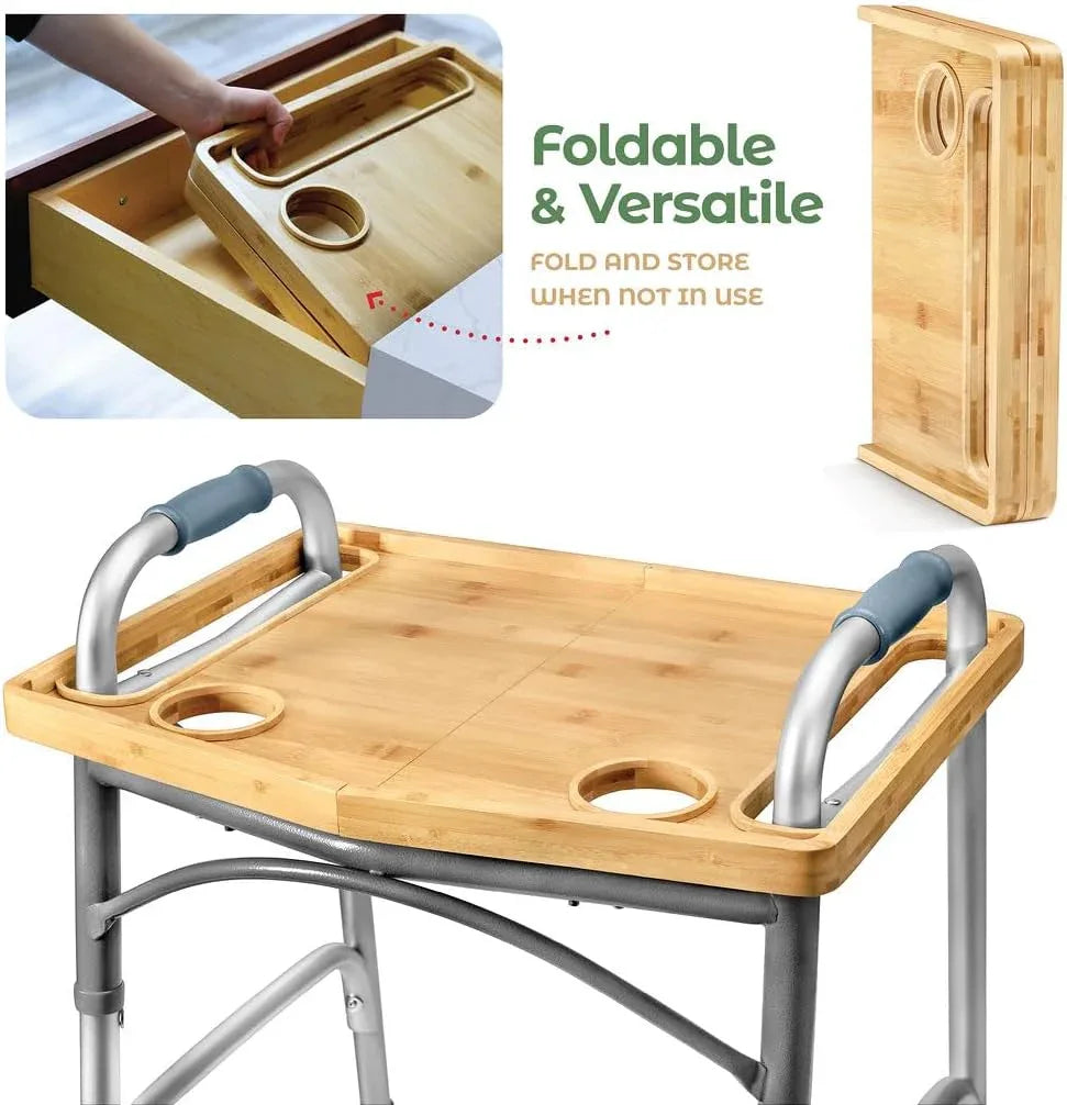 Medical King Walker Tray Table with Cup Holder - Bamboo Folding Design - Malisa Mobility