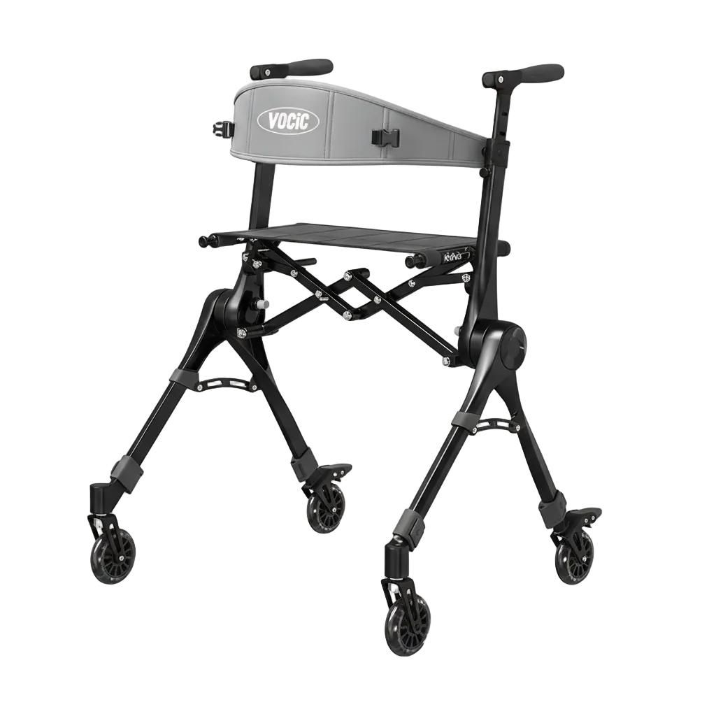 A sleek black four-wheeled folding mobility walker with ergonomic handles and a built-in seat for indoor and outdoor use.
