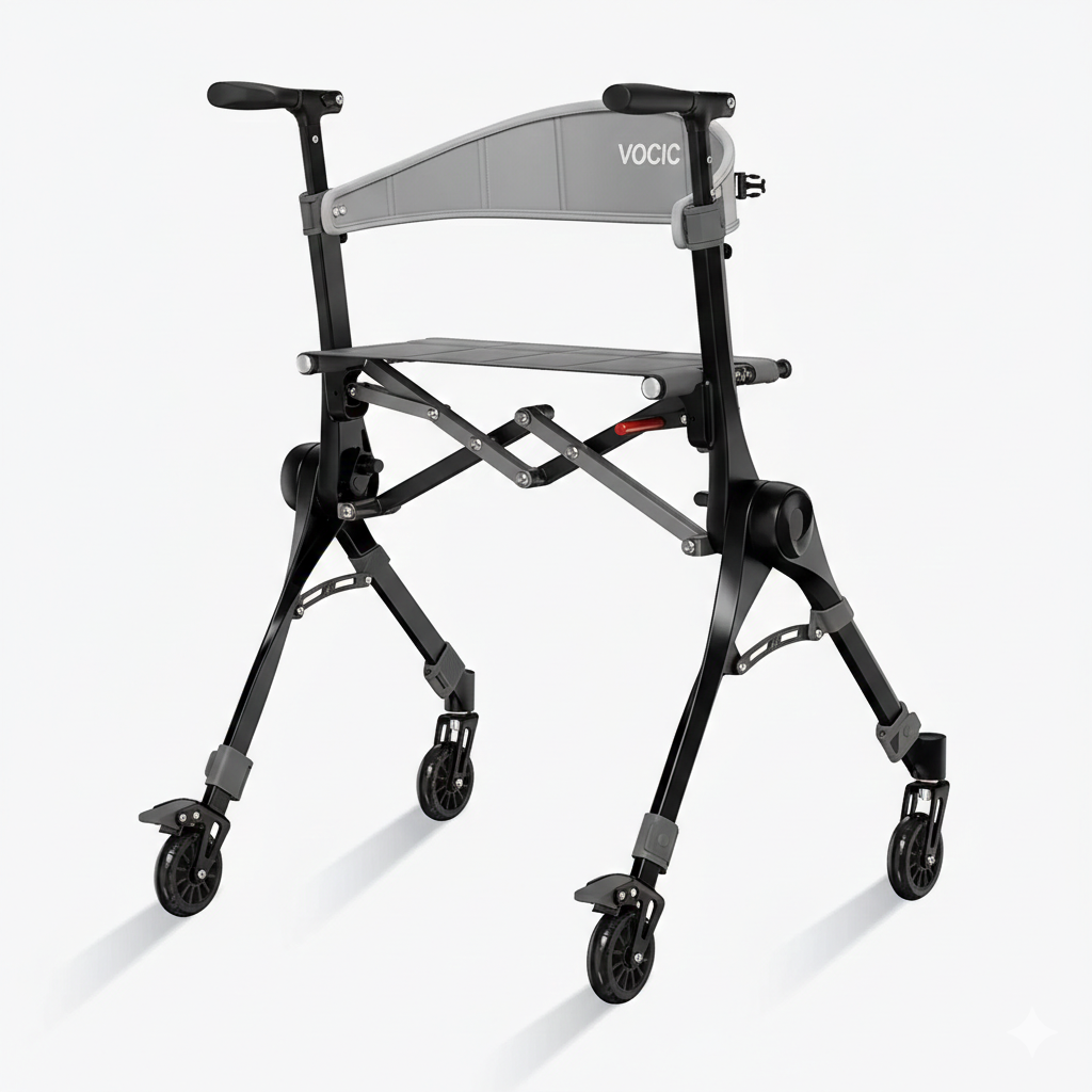 Demonstration of the 6-way folding mechanism showing the rollator collapsed into a compact, travel-friendly size.