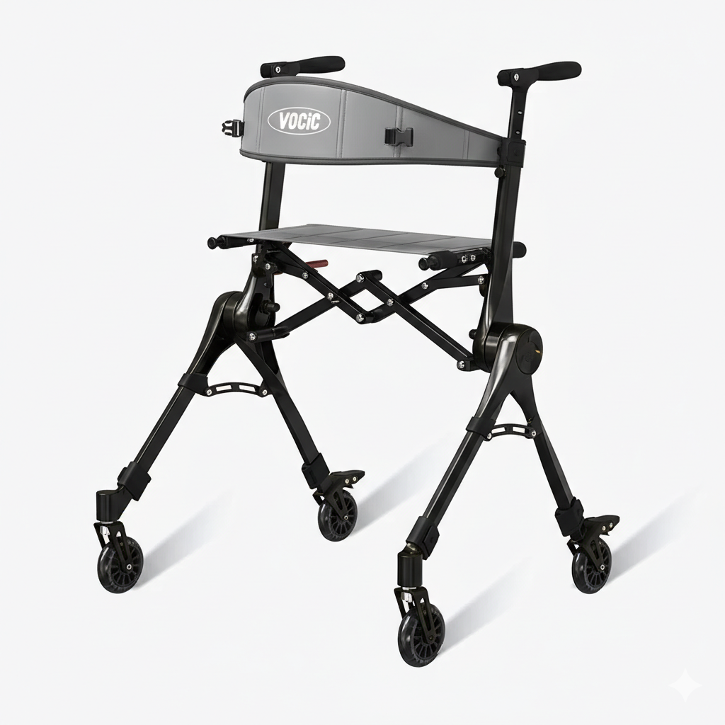 Close-up of the durable rear wheels and the easy-to-use foot-operated braking system for maximum stability