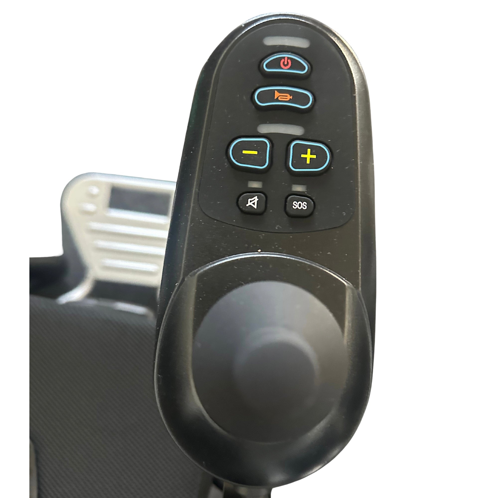 Close-up of a black MLS-8 joystick controller by Malisa Mobility, featuring power, horn, plus, minus, mute, and SOS buttons—designed for 24V battery-powered devices—shown against a white background.