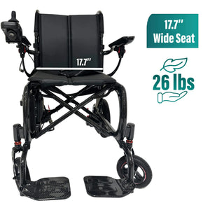 The MLS-20 Malisa Carbon Fiber Electric Wheelchair by Malisa Mobility is ultra-lightweight at just 26 lbs, features a 17.7-inch seat, armrests, side controller, footrests, and compact wheels—ideal for comfort and portability.