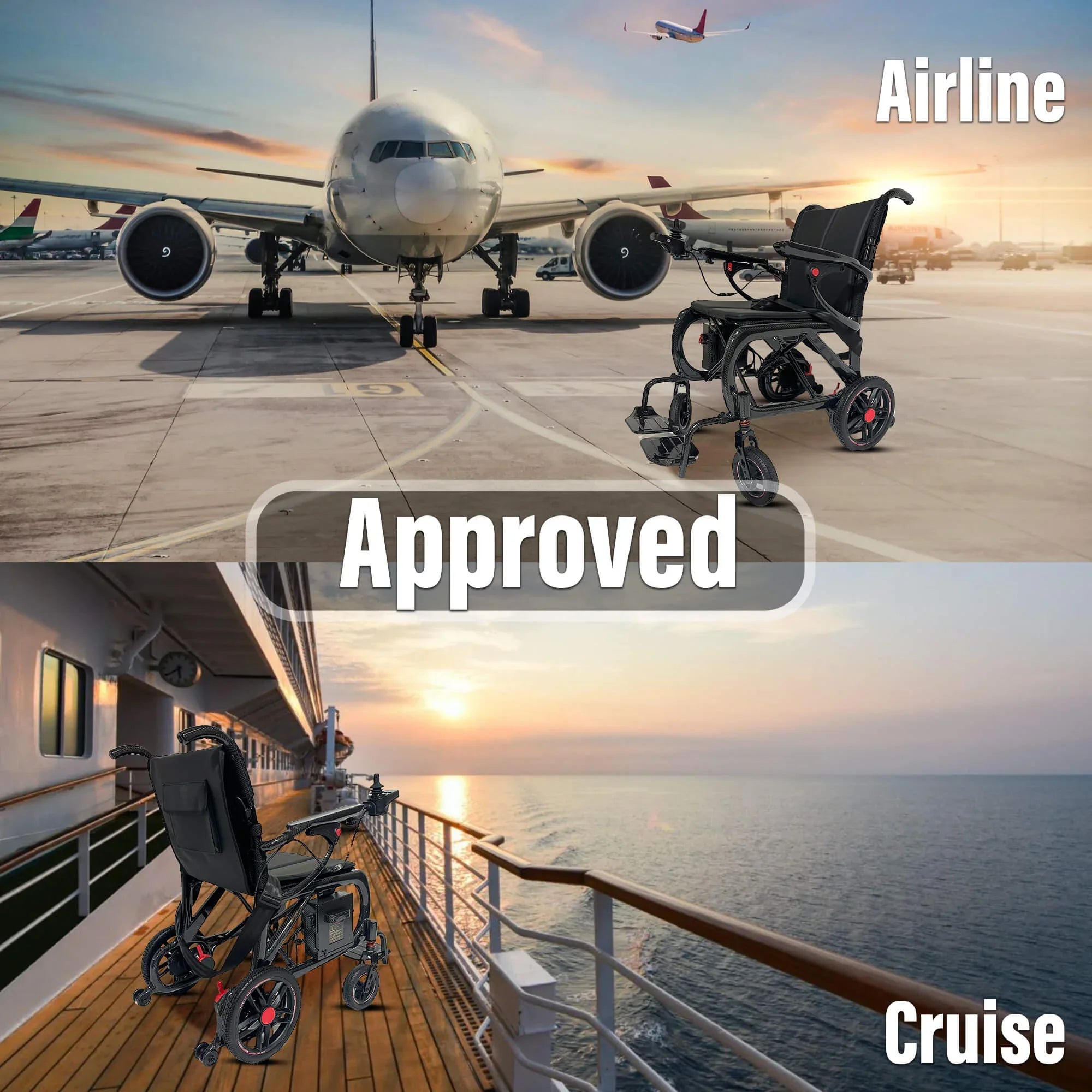The MLS-20 Malisa Carbon Fiber Electric Wheelchair by Malisa Mobility is shown on an airport runway labeled Airline Approved and on a cruise ship deck at sunset labeled Cruise Approved.