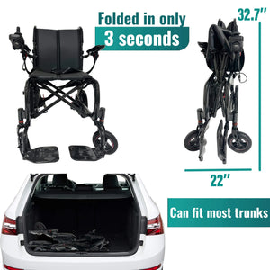 The MLS-20 Malisa Carbon Fiber Electric Wheelchair by Malisa Mobility folds in 3 seconds to 32.7” high x 22” wide, stands upright, and fits easily in a car trunk—ideal for travel thanks to its ultra lightweight, compact design.