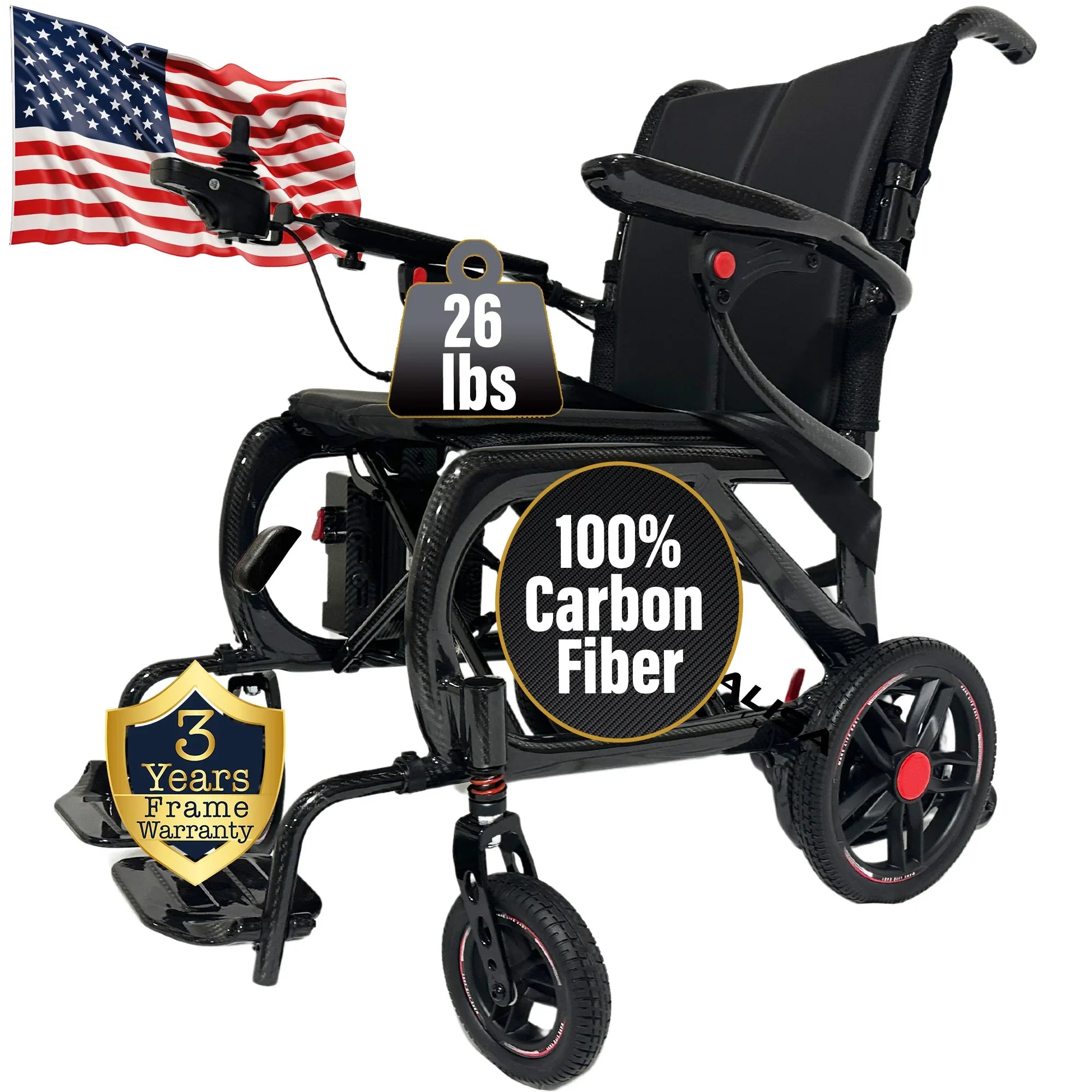 The MLS-20 Malisa Carbon Fiber Electric Wheelchair by Malisa Mobility, weighing just 26 lbs, is shown with an American flag backdrop and badges for a 3-year frame warranty and carbon fiber build—strength and portability in a foldable design.