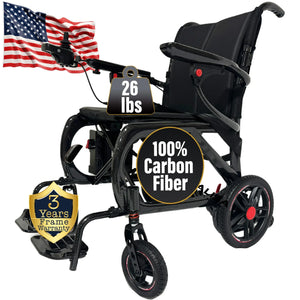 The MLS-20 Malisa Carbon Fiber Electric Wheelchair by Malisa Mobility, weighing just 26 lbs, is shown with an American flag backdrop and badges for a 3-year frame warranty and carbon fiber build—strength and portability in a foldable design.