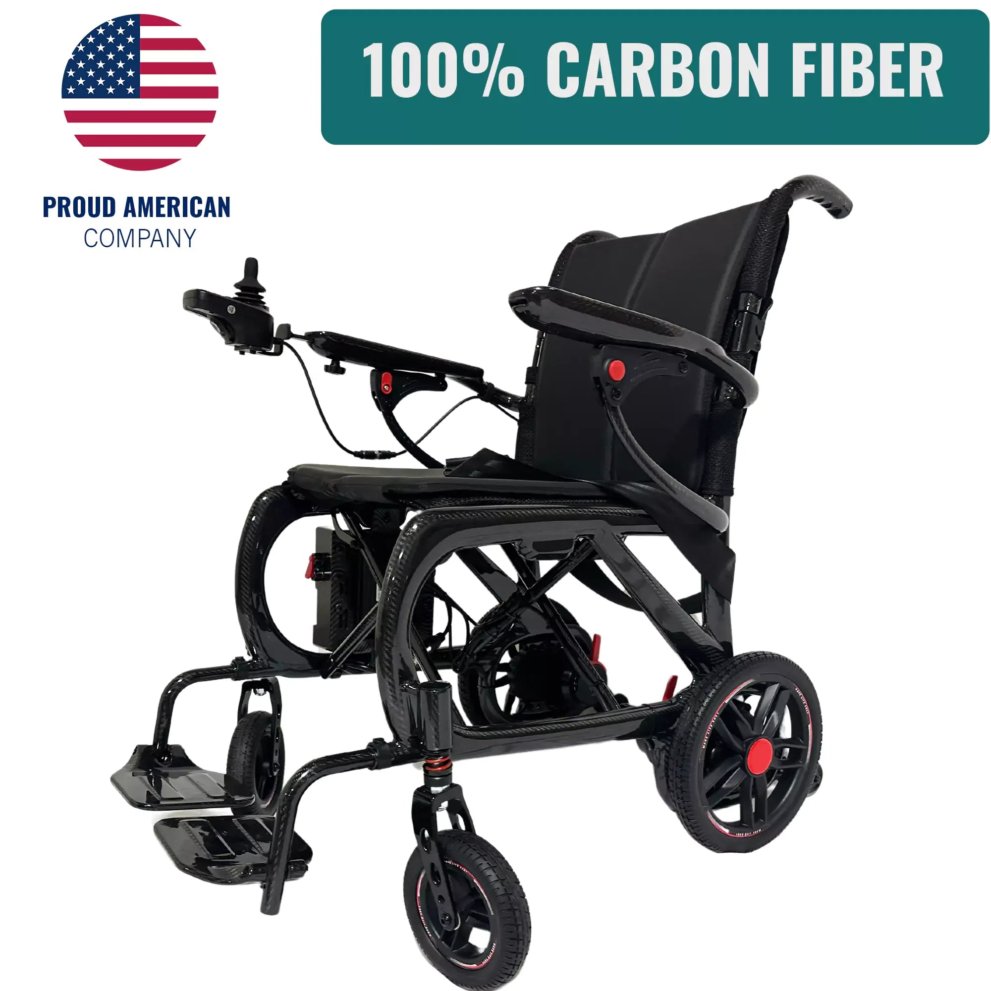 The MLS-20 Malisa Carbon Fiber Electric Wheelchair by Malisa Mobility is ultra lightweight, foldable, features large rear wheels, joystick control, and displays a Proud American Company logo with a U.S. flag in the corner.