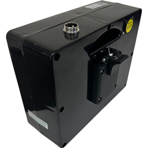 The Malisa Mobility MLS-8 black rectangular Lithium-Ion battery features a handle, top metal connector port, rear mounting bracket, label, and yellow sticker—ideal as a replacement for 24V systems.