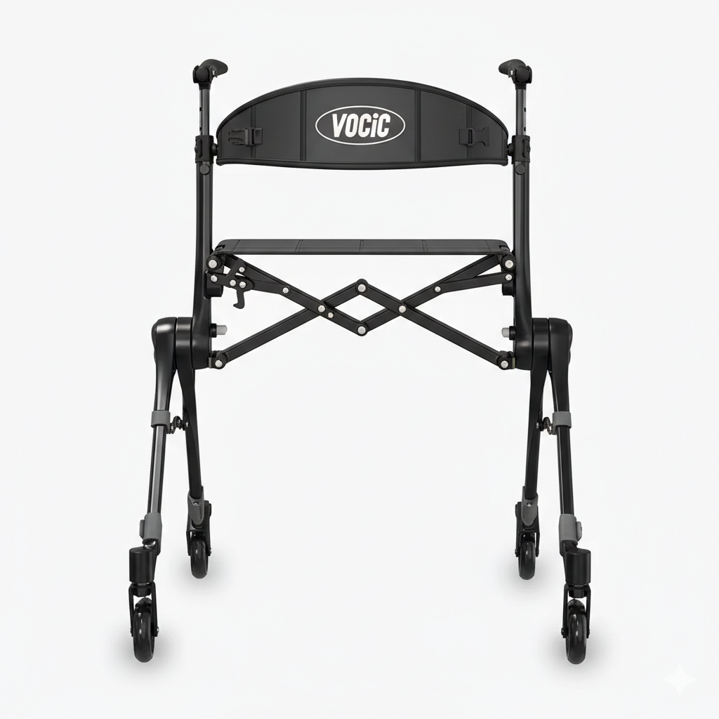 Detail of the height-adjustable handles and ergonomic grips that support an upright gait and natural walking posture