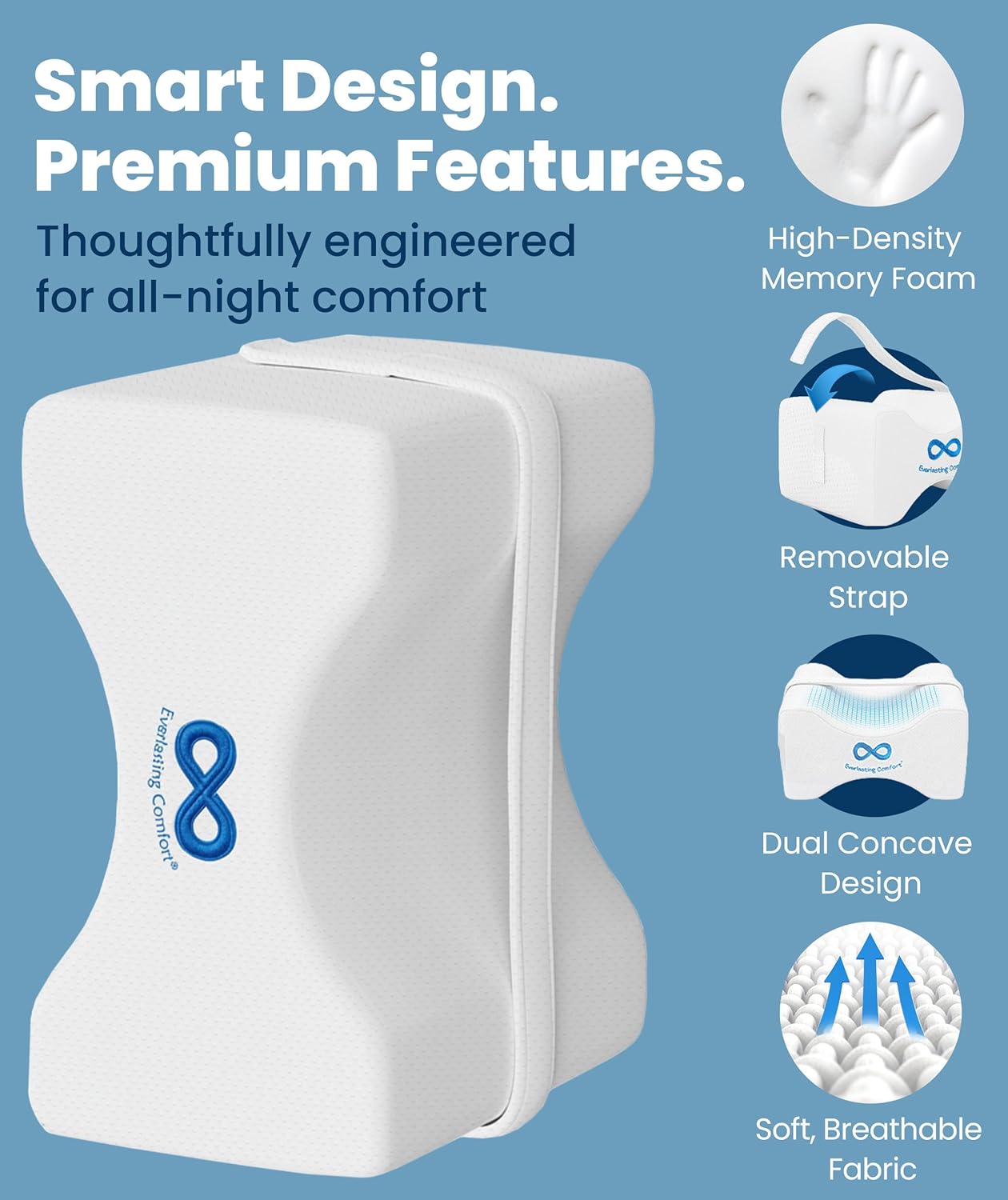 Close-up of the adjustable and removable security strap that keeps the knee pillow in place during sleep.