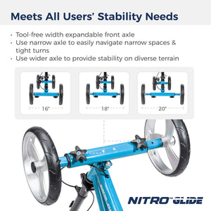 Blue Nitro Glide bike with adjustable axle width on a white background