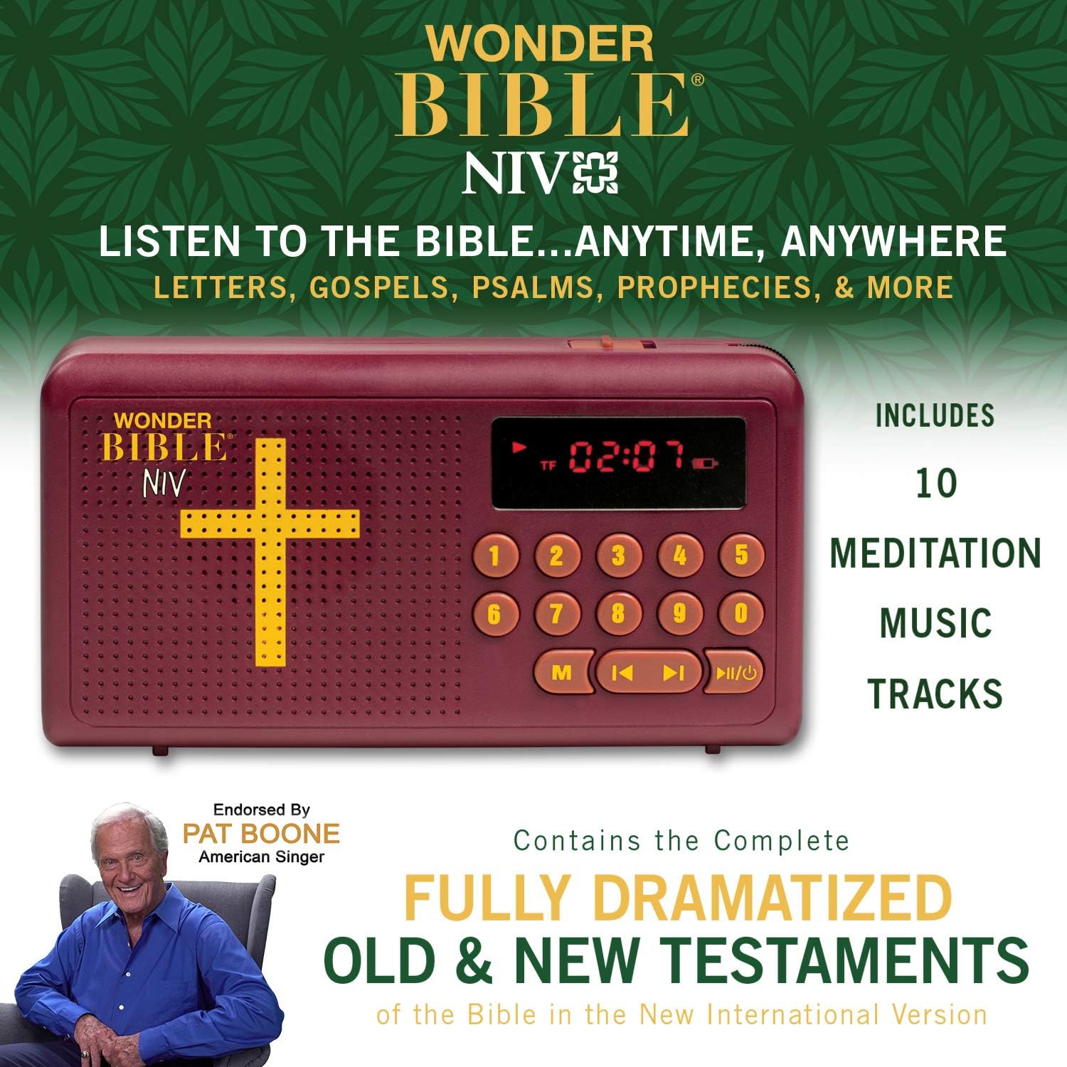 Compact handheld NIV Audio Bible player with built-in speaker and clear display.