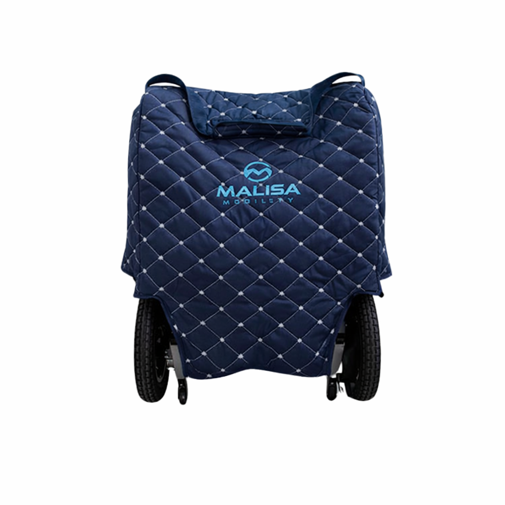 Blue quilted stroller cover with Malisa Modellry logo on a white background