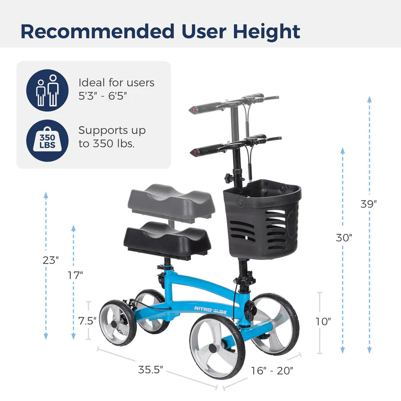 Nitro Glide Knee Walker in blue with premium aluminum frame and disc brakes.