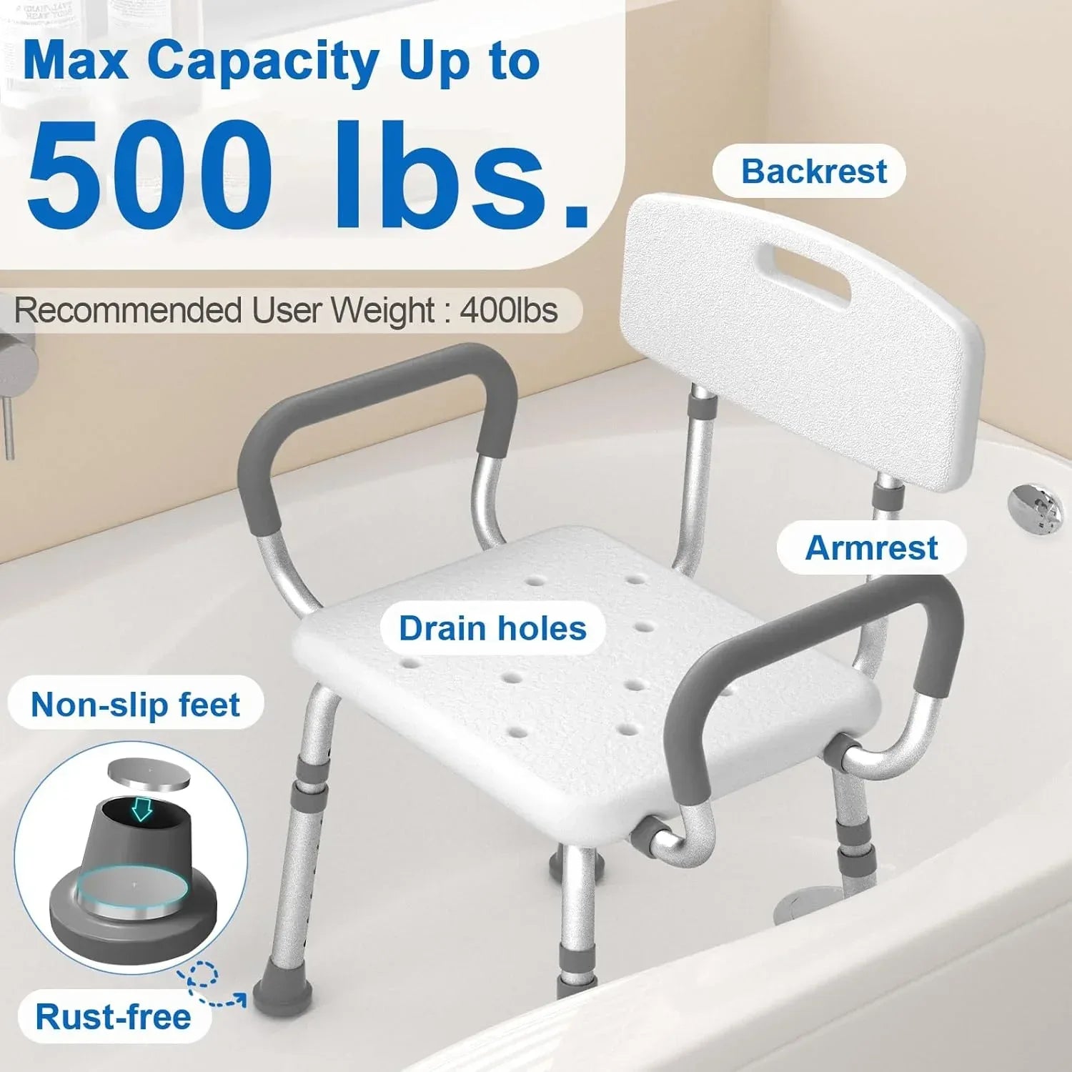 500 lbs Heavy-Duty Shower Chair with Removable Padded Arms and Backrest - Malisa Mobility