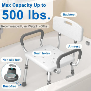 500 lbs Heavy-Duty Shower Chair with Removable Padded Arms and Backrest - Malisa Mobility