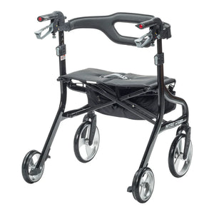 Black rollator with four wheels on a white background