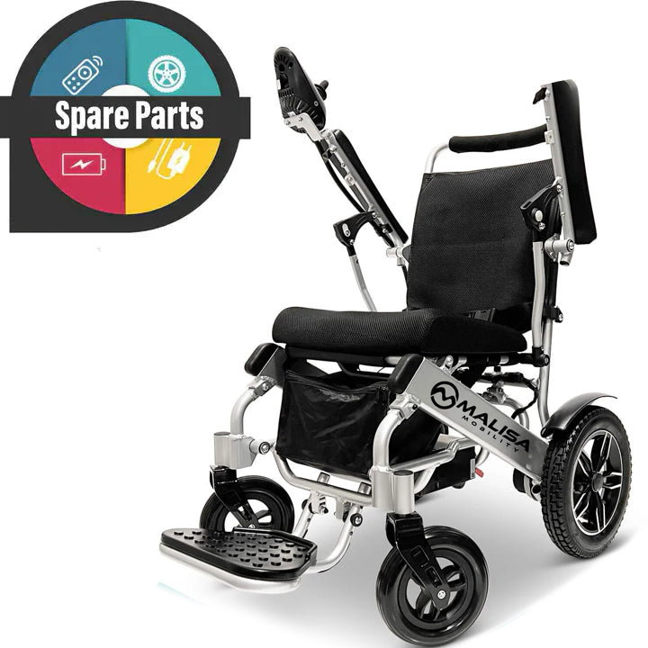 The Malisa Mobility MLS-8 - Spare & Replacement Parts icon, featuring mechanical symbols in the top left, represents spare parts for your lightweight, foldable electric wheelchair with black cushioned seat, armrests, large rear wheels, and 24V Lithium-Ion battery.