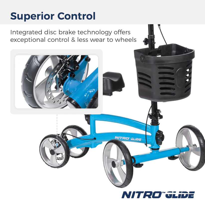 Blue Nitro Glide scooter with close-up of disc brake technology on a white background
