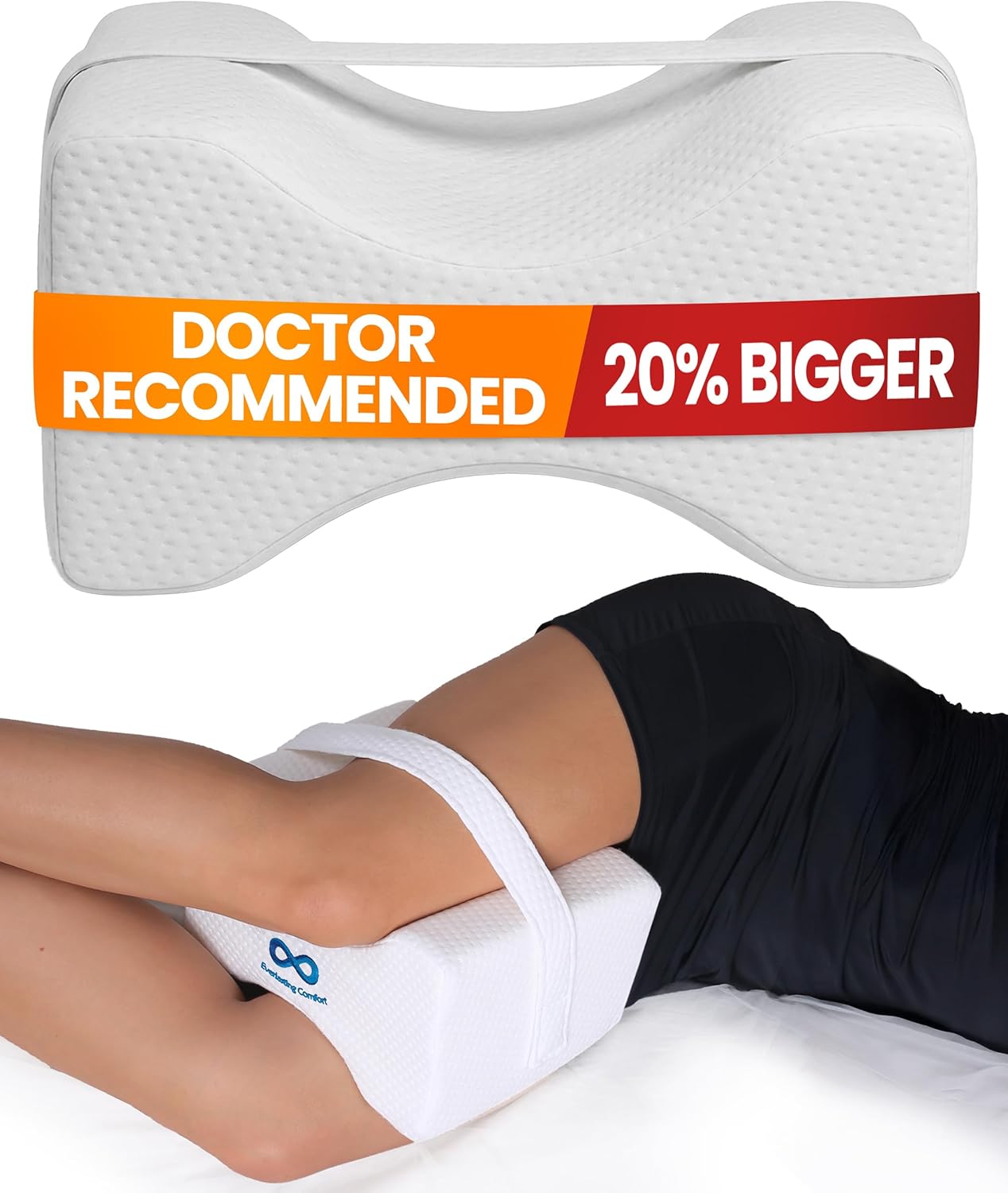 Large orthopedic memory foam knee pillow for side sleepers with an adjustable strap for nighttime alignment.