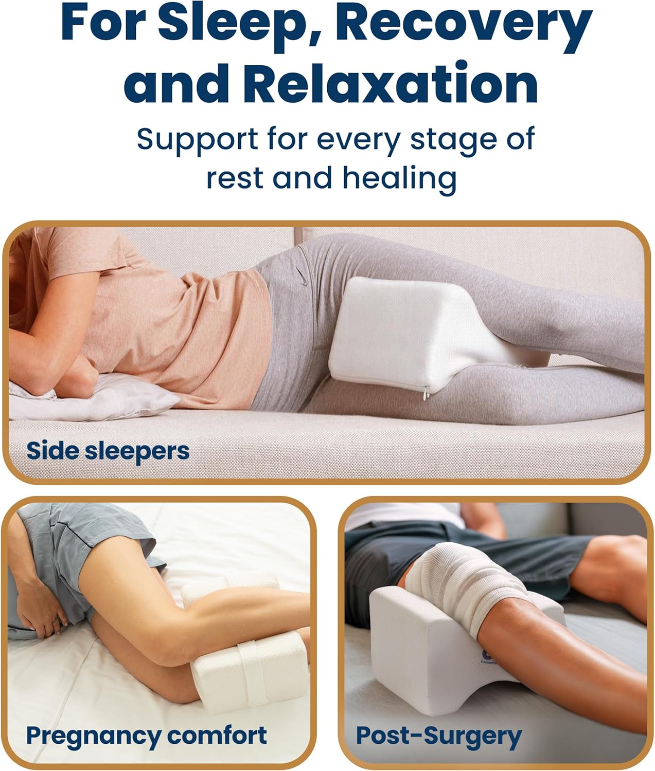 Lifestyle view of the knee pillow being used for post-surgical recovery and pregnancy support during rest.