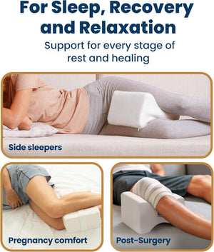 Lifestyle view of the knee pillow being used for post-surgical recovery and pregnancy support during rest.