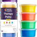 Complete set of 4 color-coded resistive hand therapy putty containers for strength training.