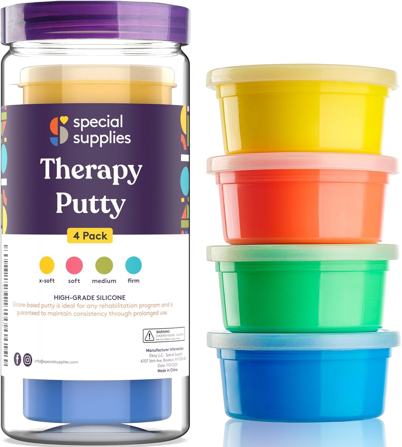 Complete set of 4 color-coded resistive hand therapy putty containers for strength training.