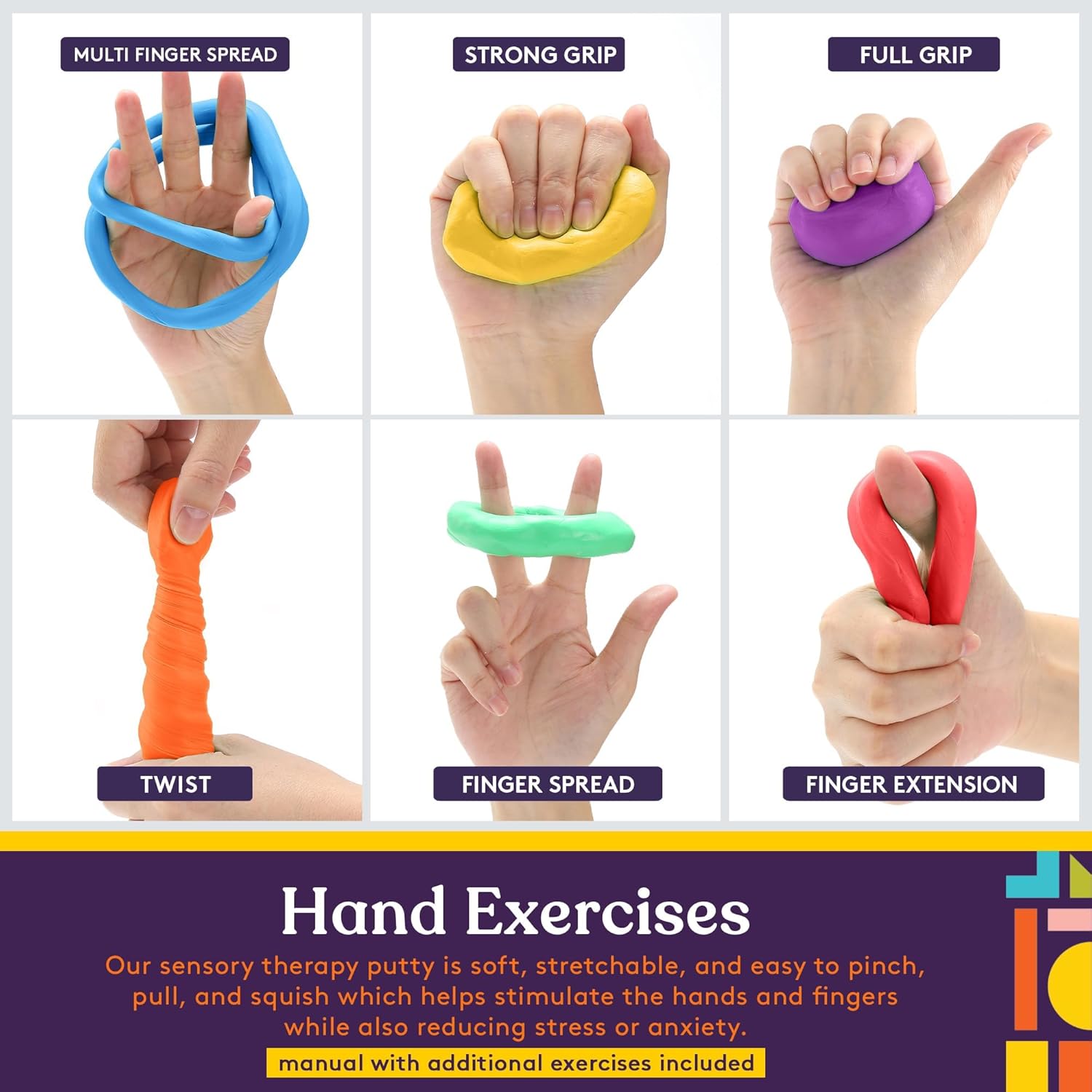 Close-up of hands stretching and pulling the resistive therapy putty to improve finger flexibility.