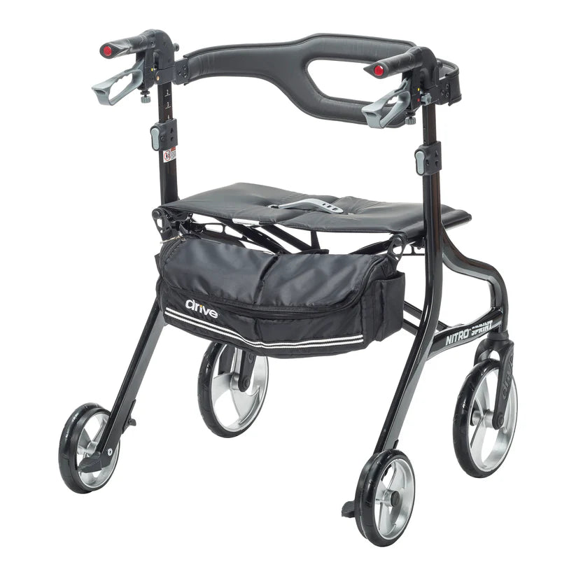 Black rollator with a seat on a white background